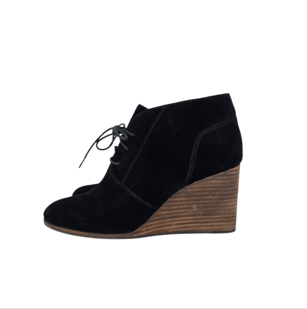 Lucky Brand Ankle Booties Shylow Women’s Black Wedge Suede Lace Up Zip Size 10M
